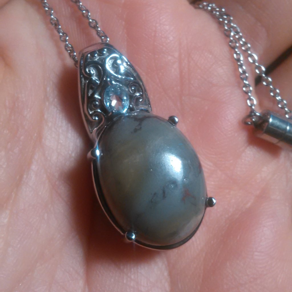 Venus Jasper And Sky Blue Topaz Stainless Steel Pendant Necklace